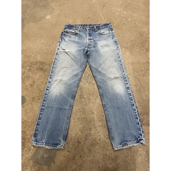 Levis 501 Jeans Mens 36x34 Light Blue Denim Button Fly Straight Leg Distressed